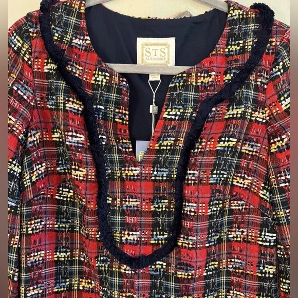 SAIL TO SABLE Red Navy Yellow Tartan Tunic Fringe Dress NWT Size Small - Picture 3 of 9